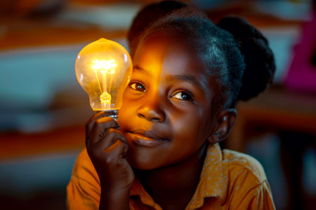 African Child holding a light bulb in the classroom, concept of ideas and creativity. Generative AI.の素材
