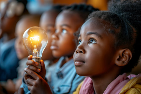 African Child holding a light bulb in the classroom, concept of ideas and creativity. Generative AI.の素材