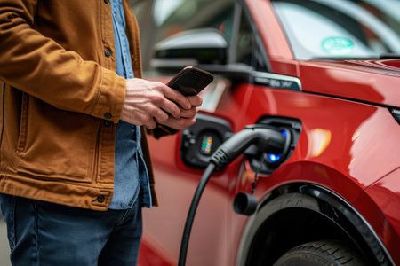 a man stands with his car at a charging station and operates it with his cell phone, generative AI.の素材