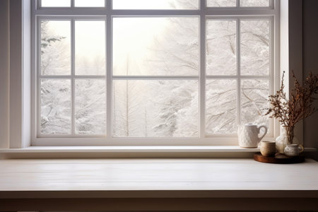 Empty White wooden table the background of a window for product Mockup. Generative AI.の素材