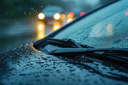 Car windshield with rain drops and frameless wiper blade closeup. ai generative.の素材