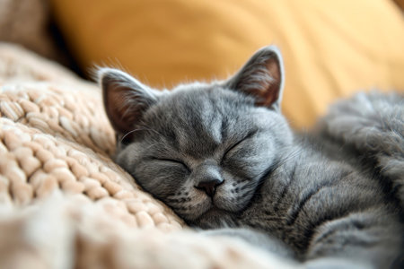 Happy time cute cat sleeping on the bed . Generative Aiの素材