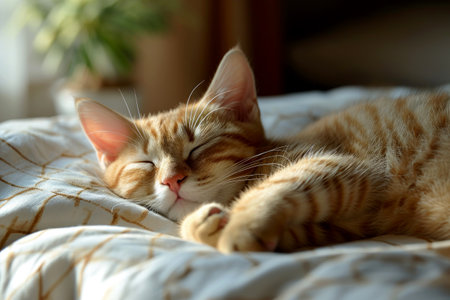 Happy time cute cat sleeping on the bed . Generative Ai.の素材