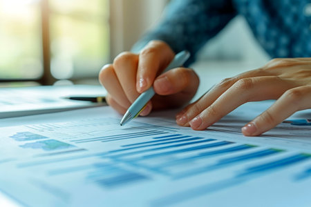 close up hand Businessman review report. Graphs and charts. Business reports concept Ai generated.の素材