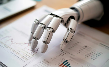 a robot hand review report. Graphs and charts. Business reports concept Ai generated.の素材