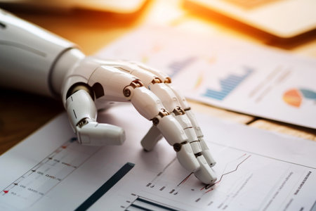 a robot hand review report. Graphs and charts. Business reports concept Ai generated.の素材