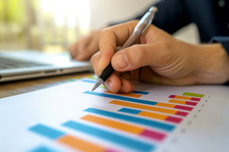 close up hand Businessman review report. Graphs and charts. Business reports concept Ai generated.の素材