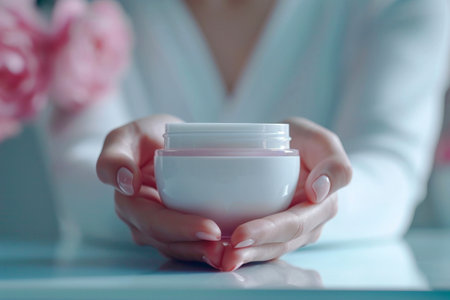 Woman hand holding moisturizer cream jar. Defocused background. Generative AI.の素材