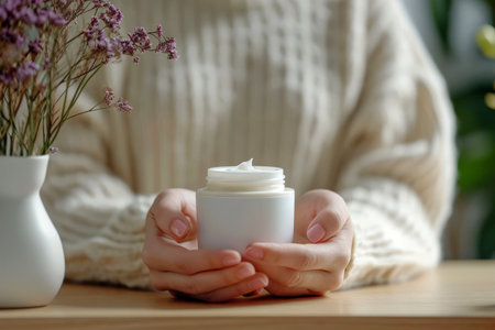 Woman hand holding moisturizer cream jar. Defocused background. Generative AI.の素材