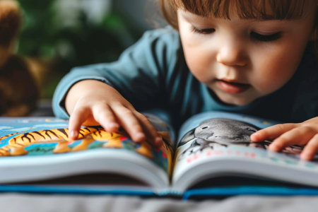 Cute children baby reading book . Education learning concept. AI generative.の素材