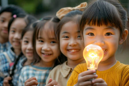 Child holding a light bulb . concept of ideas and creativity. Generative AI.の素材