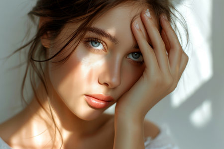 Portrait of a cheerful young woman with freckles in sunlight - Ai generated.の素材