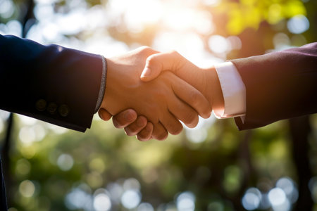 Successful Business Partnership Two Professionals Shake Hands in a Corporate Environment Generative AI.の素材