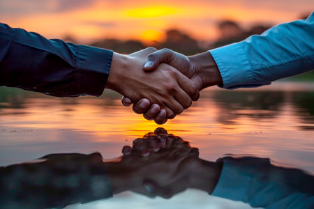 Successful Business Partnership Two Professionals Shake Hands in a Corporate Environment Generative AI.の素材
