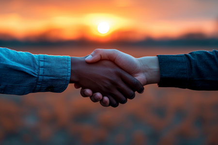 Successful Business Partnership Two Professionals Shake Hands in a Corporate Environment Generative AI.の素材