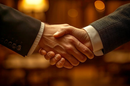 Successful Business Partnership Two Professionals Shake Hands in a Corporate Environment Generative AI.の素材