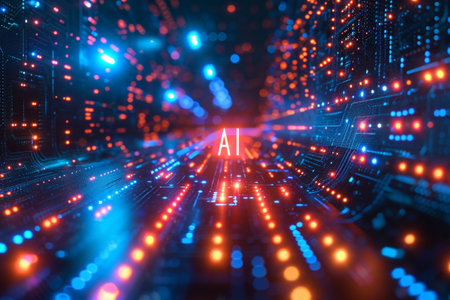 Abstract psychedelic futuristic dark background with neon light waves by Generative AI.の素材