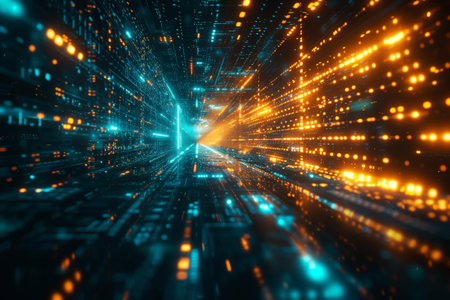 Abstract psychedelic futuristic dark background with neon light waves by Generative AI.の素材
