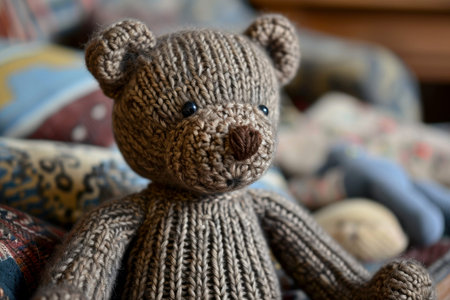 A handmade knitted teddy bear and knitting needles. The concept of manual labor. AI generated..の素材