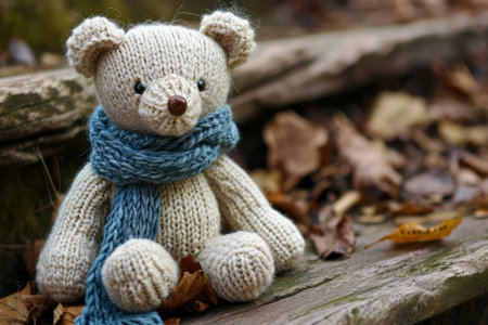 A handmade knitted teddy bear and knitting needles. The concept of manual labor. AI generated..の素材