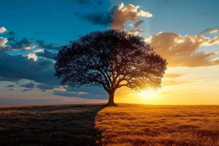 a tree plant equilibrium in day and night background . generative ai.の素材