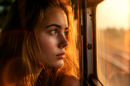 Woman on a train looking through the window generative ai.の素材