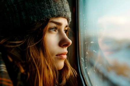 Woman on a train looking through the window generative ai.の素材