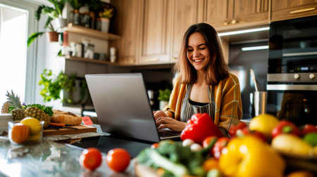 a woman using a tablet computer to cook in her kitchen Generative AI.の素材