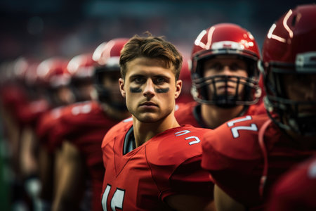 American football players standing together on a sports field . Generative AI.の素材