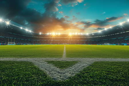 a large football stadium with bright lights at night. generative AI.の素材