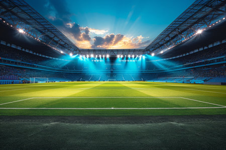 a large football stadium with bright lights at night. generative AI.の素材