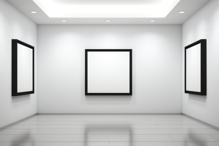 Modern art gallery interior, clean white space with empty picture frames, AI generative.の素材