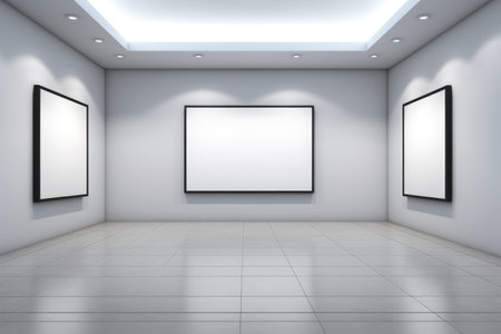 Modern art gallery interior, clean white space with empty picture frames, AI generative.の素材