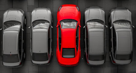 a red car among grey cars .marketing concept. AI generative.の素材