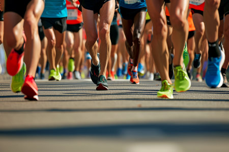 Close up of a Group of Men Runners Legs in a Road Race. Generative Ai.の素材