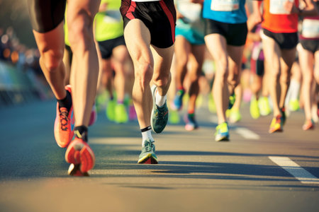 Close up of a Group of Men Runners Legs in a Road Race. Generative Ai.の素材