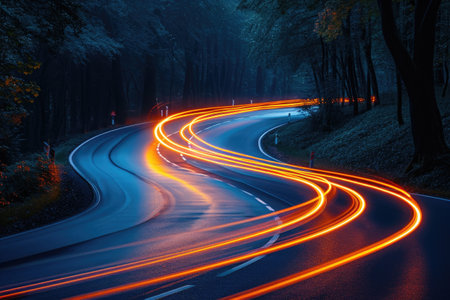 Colorful light trails car with motion effect. Illustration of high speed light effect on forest background. generative AI..の素材