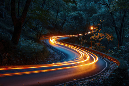 Colorful light trails car with motion effect. Illustration of high speed light effect on forest background. generative AI..の素材