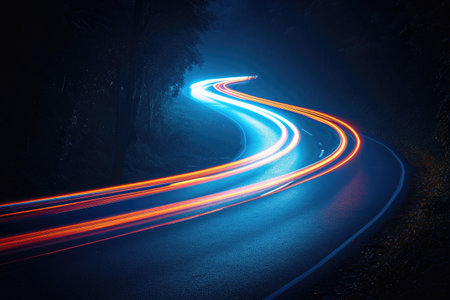 Colorful light trails car with motion effect. Illustration of high speed light effect on forest background. generative AI..の素材