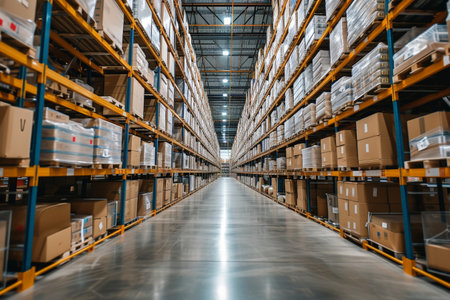a warehouse with high shelves filled with boxes and products. Generative AI.の素材