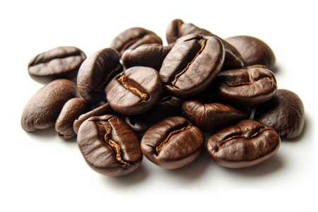 Roasted coffee beans on white background. Generative AI.の素材