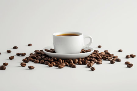 Hot coffee in white cup with coffee beans. white background. generate ai.の素材