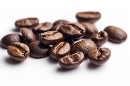 Roasted coffee beans on white background. Generative AI.の素材