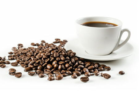 Hot coffee in white cup with coffee beans. white background. generate ai.の素材