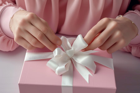 Woman packaging a gift for posting tying a pink ribbon around a giftwrapped box. Generated ai.の素材