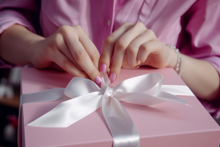 Woman packaging a gift for posting tying a pink ribbon around a giftwrapped box. Generated ai.の素材