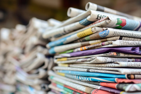 Pile of newspapers on blur background. Generative AI.の素材