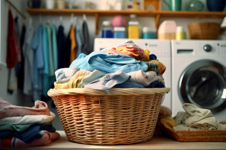 Laundry basket on blurred background of modern washing machine, Basket with dirty clothes in laundry room, generative ai.の素材