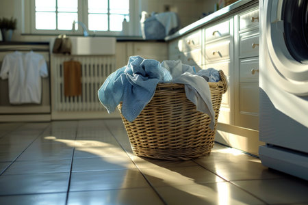 Laundry basket on blurred background of modern washing machine, Basket with dirty clothes in laundry room, generative ai.の素材