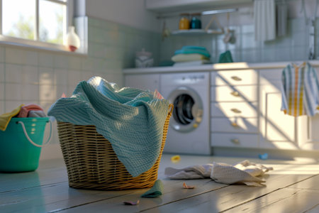 Laundry basket on blurred background of modern washing machine, Basket with dirty clothes in laundry room, generative ai.の素材